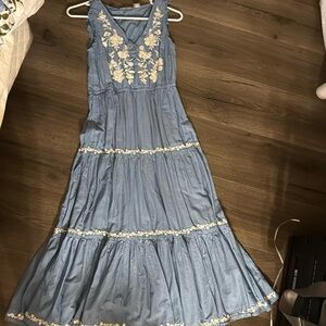 Blue Floral Embroidered Midi Dress